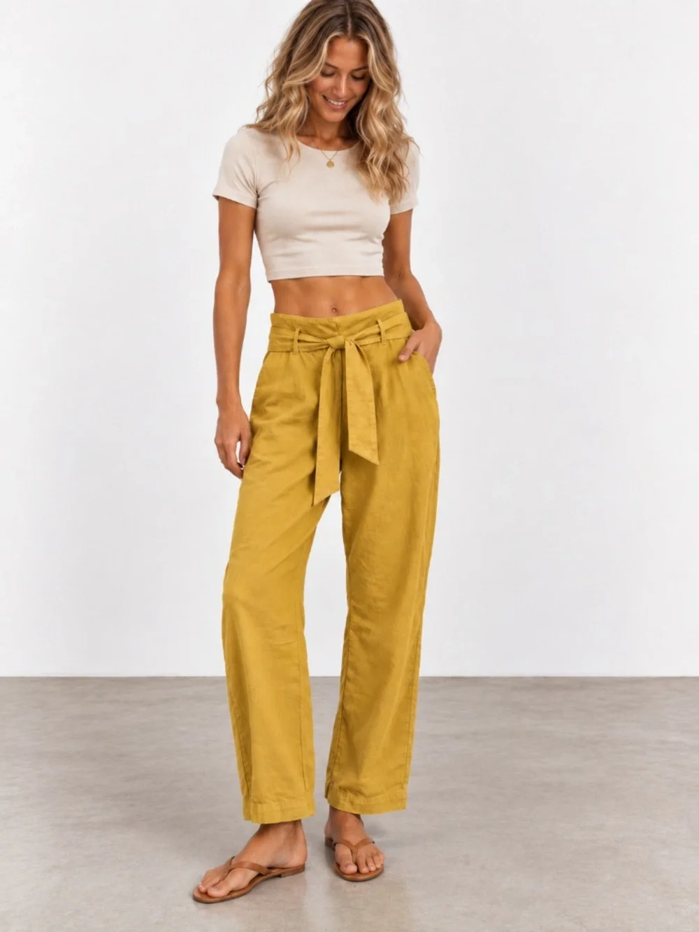 SEZANE Austin Paperbag Tie Waist Stretch Trousers Mustard Yellow Pants Sz 6 GUC